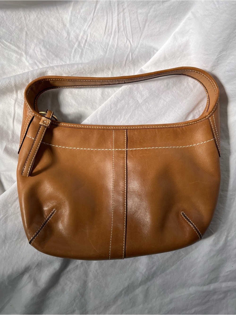 New Coach Leather Y2K Ergo Shoulder Bag Purse in Camel Brown White Stitching